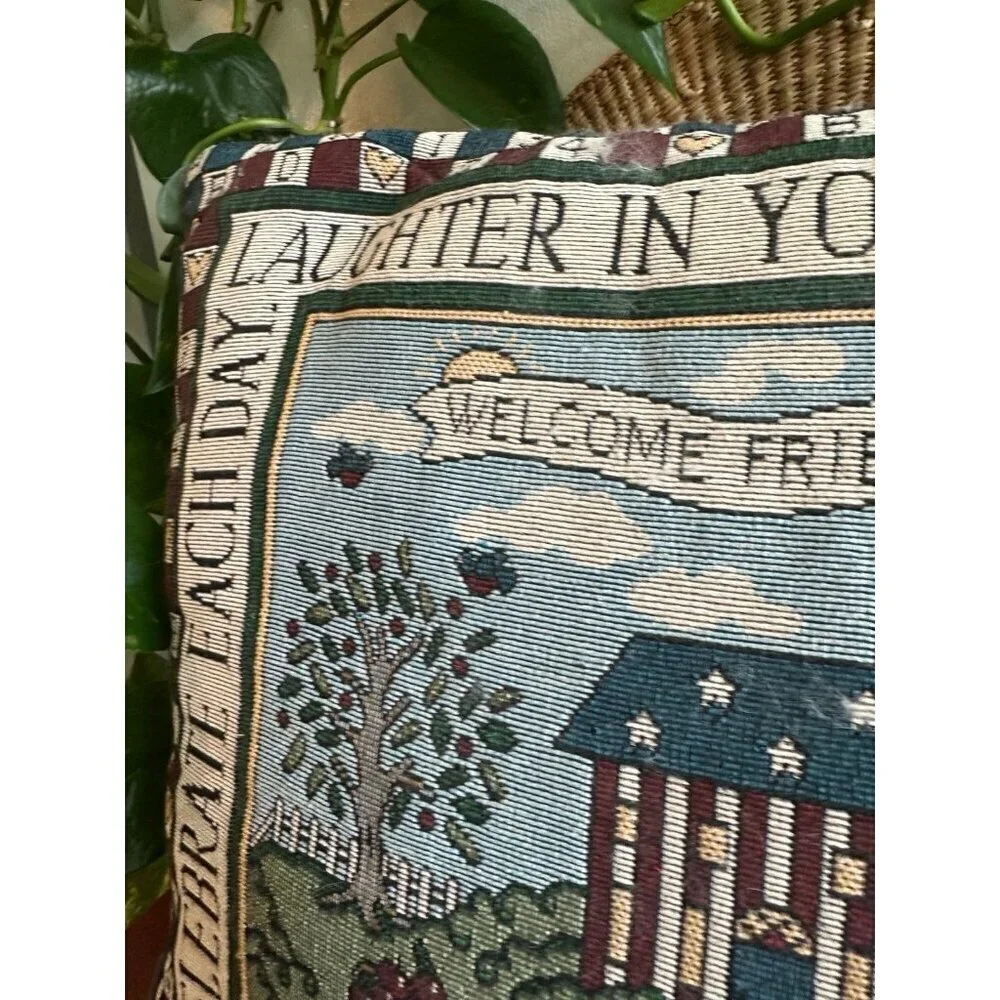 Vintage welcome, friends embroidered throw pillow
